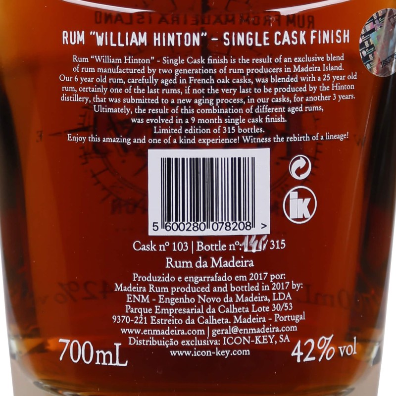 Rum William Hinton Madeira Casks 6 Anos 70Cl